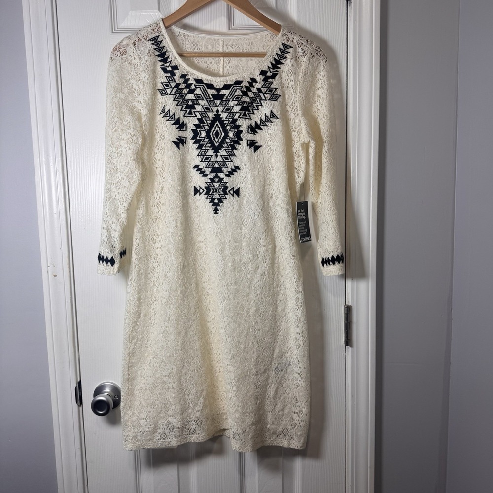 Express Dress Womens Medium Ivory Lace Shift Cotton Midi NWT